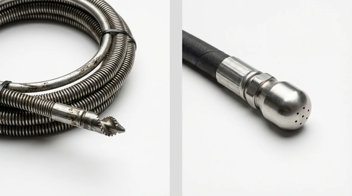 Drain snake cable and hydro jetting nozzle used for drain cleaning in Rochester, MI