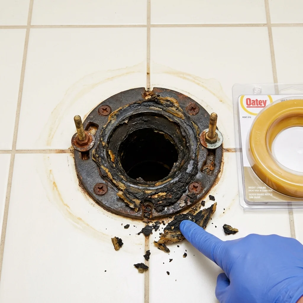 Failed wax ring showing water seepage at the base of a toilet in a Rochester, MI home