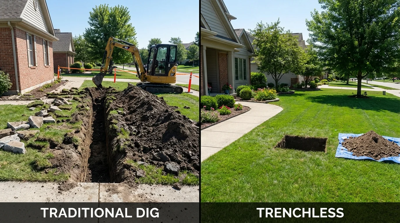 Trenchless sewer repair with minimal yard damage versus traditional excavation in Rochester, MI