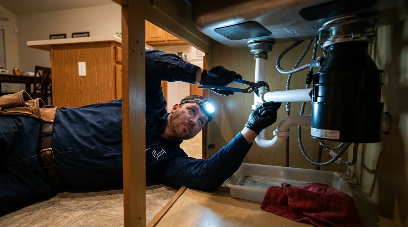 P-trap and supply line connections under a kitchen sink showing a common leak point in Rochester, MI